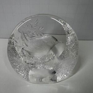 Mats Jonasson Maleras Swedish Crystal Bird Paperweight Etched Glass Sculpture